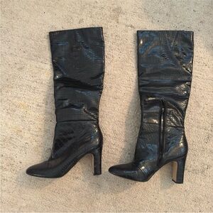 Black Croc-Embossed Knee-High Boots